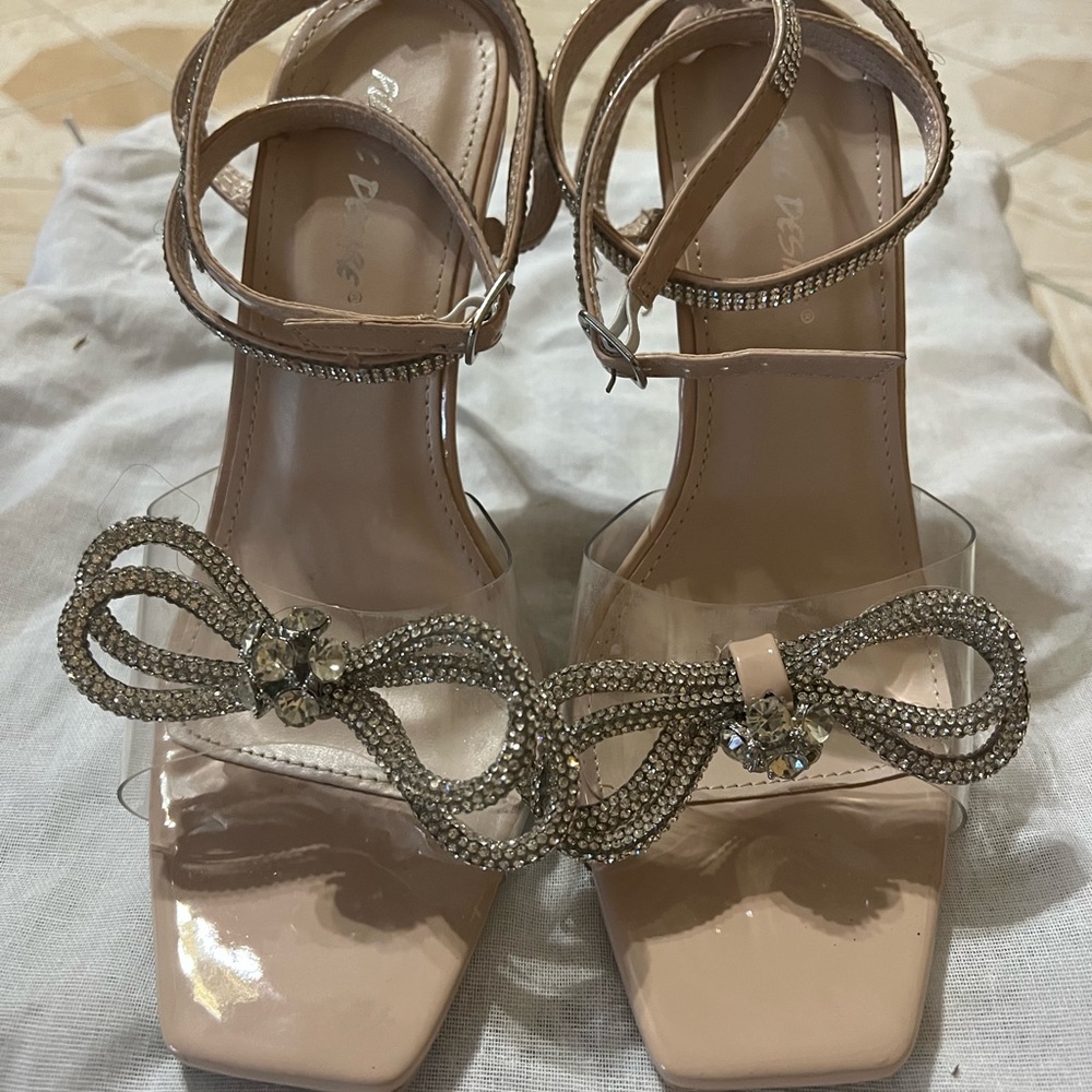 Glimmer Nude Patent Wrap Around Rhinestone Bow Heels